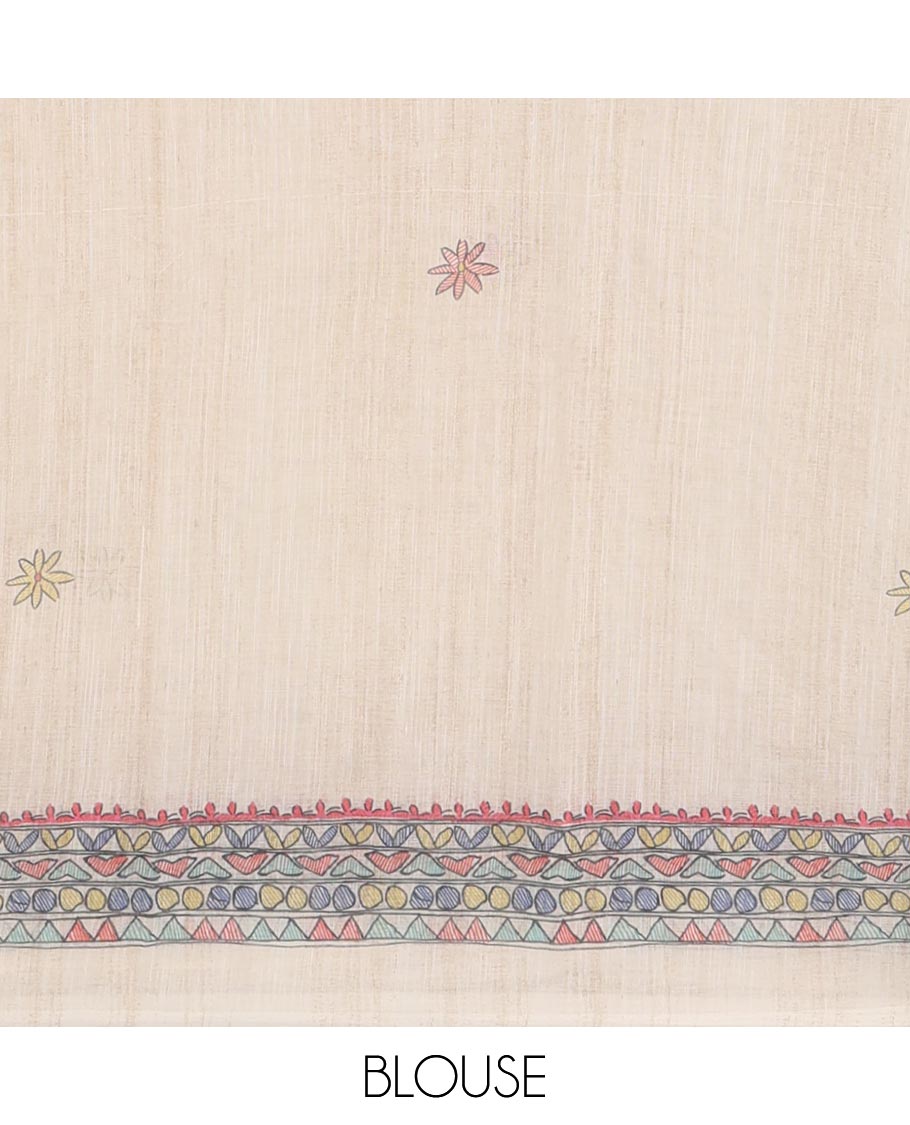 Cream Madhubani-style flower motifs printed linen cotton saree, Madhubani village-theme motifs printed border & pallu & printed blouse