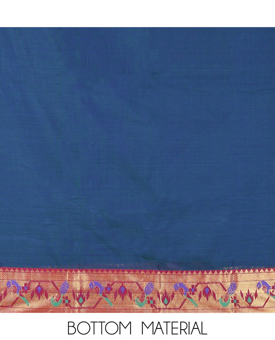 Blue Mercerised Cotton Material Chudidar Set, Elevated with Paithani Bordered Top, a Mercerised Cotton Bottom, and Paired with a Matching Mercerised Cotton Paithani Bordered Dupatta