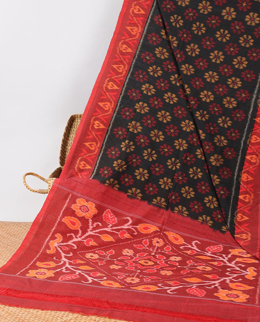 Brown ikkat cotton saree with folwer buttas , Contrast intricate border & floral vine design pallu