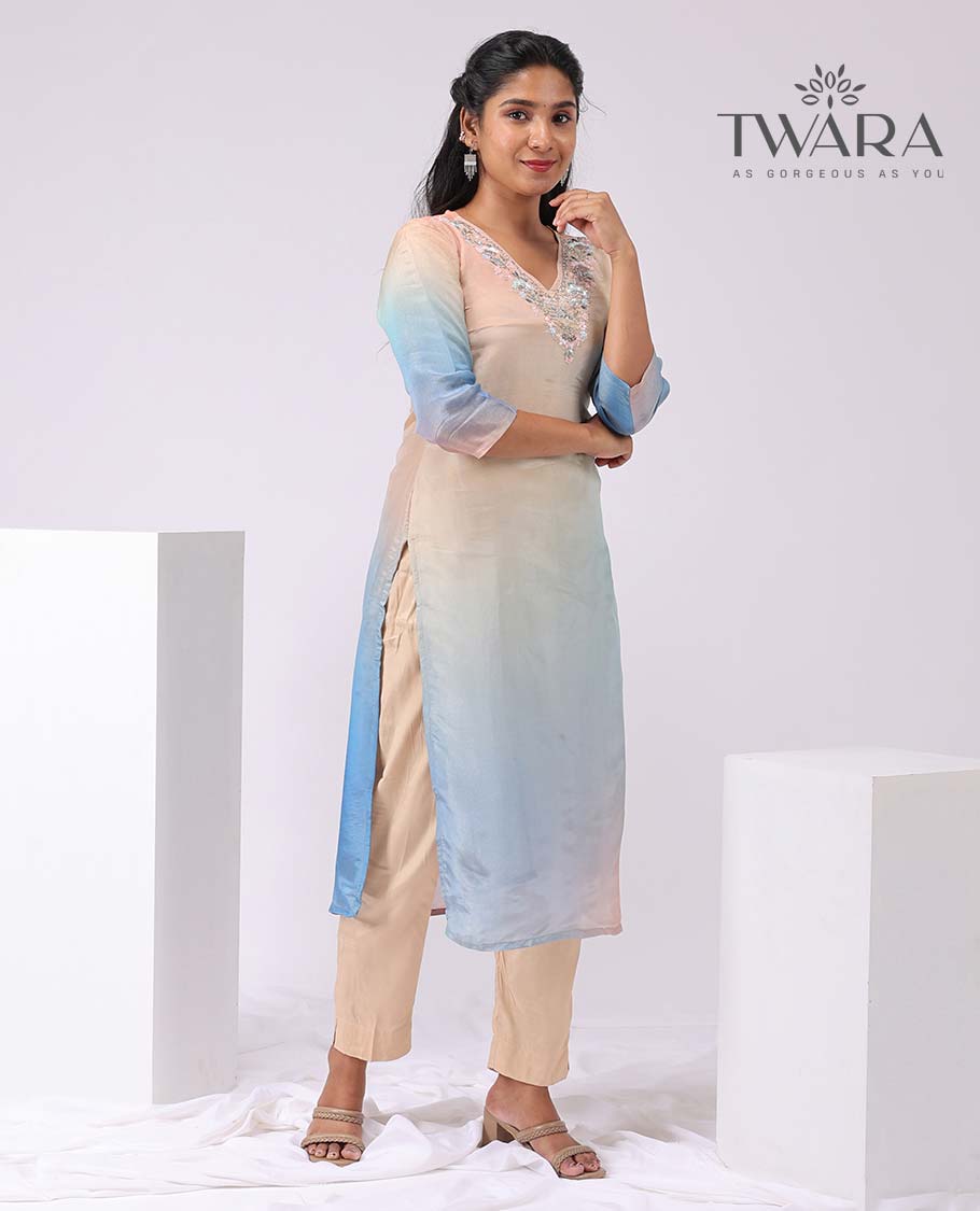 Twara multi-color floral embroidery v neck, 3/4th sleeve, below knee lenght kurti with straight pants & floral printed dupatta