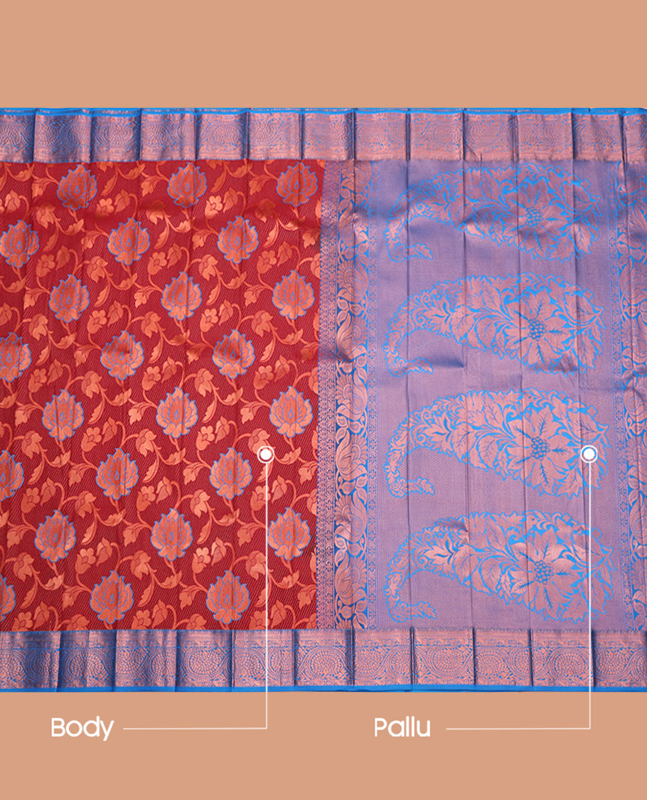 Red Budget Silk Saree, Mesmerized with Floral Jacquard Design, Complemented by a Contrast Floral Zari Border, Paisley Pallu, and a Contrast Blouse