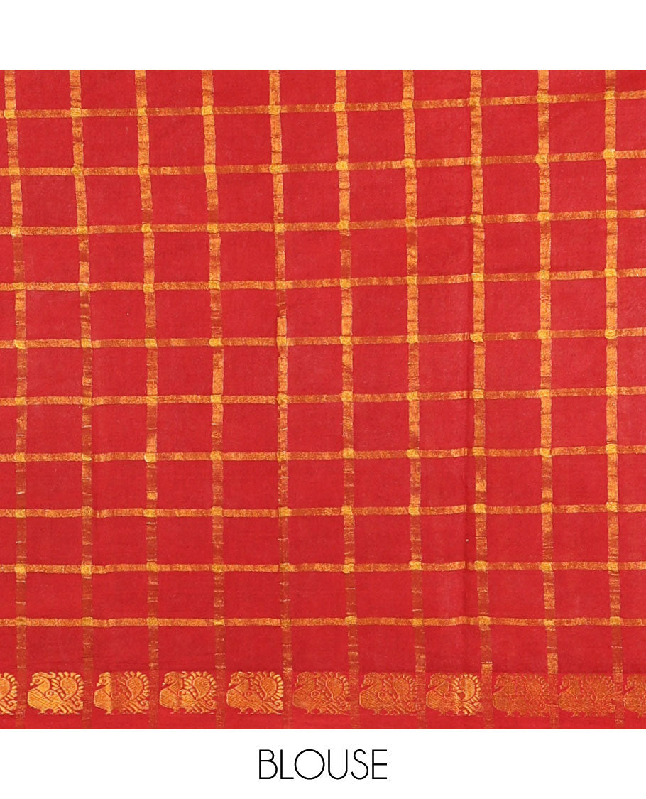 Cream golden zari checked sungudi cotton saree, zari border of peacock motifs & contrast red checked peacock motif blouse