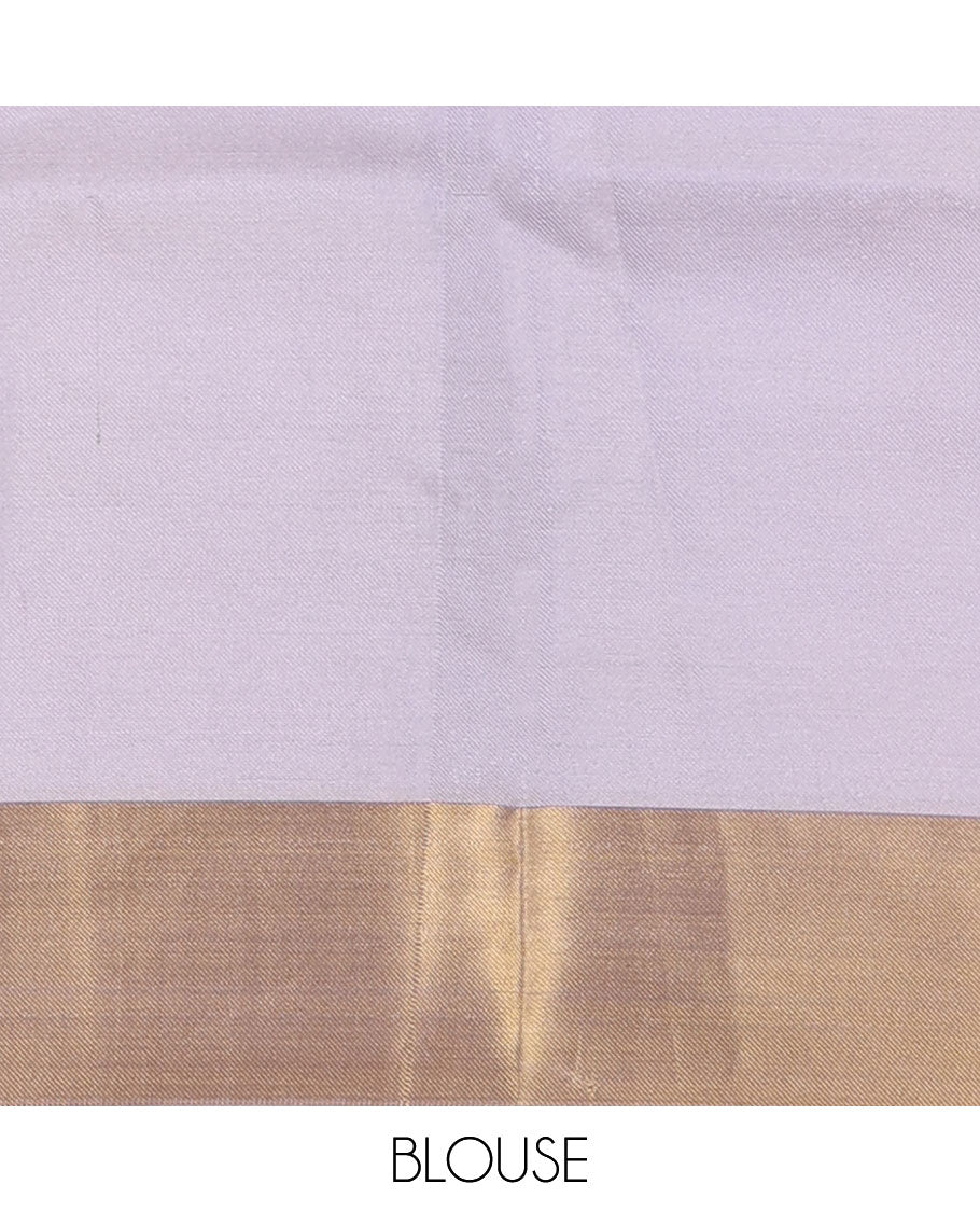Lavender floral jaal design tissue saree, bavanji golden zari border, plain pallu & matching zari border blouse