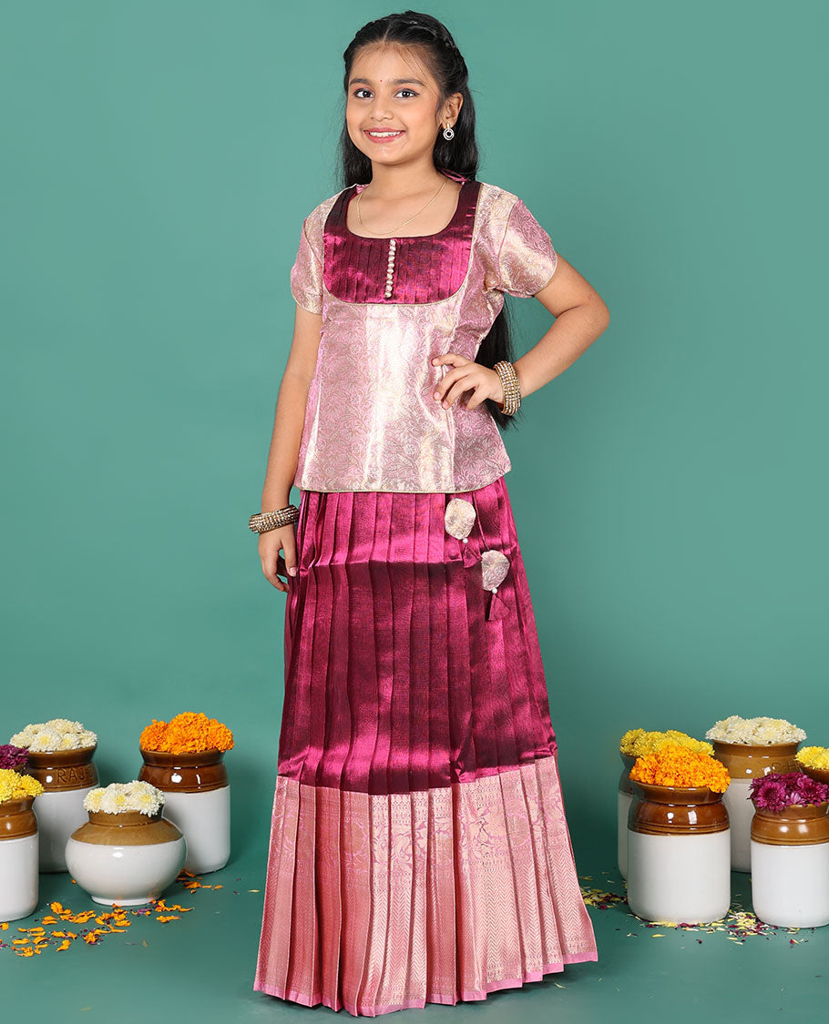 Wine readymade art silk pavadai, contrast traditional zari border skirt & jacquard round neck half-sleeve blouse
