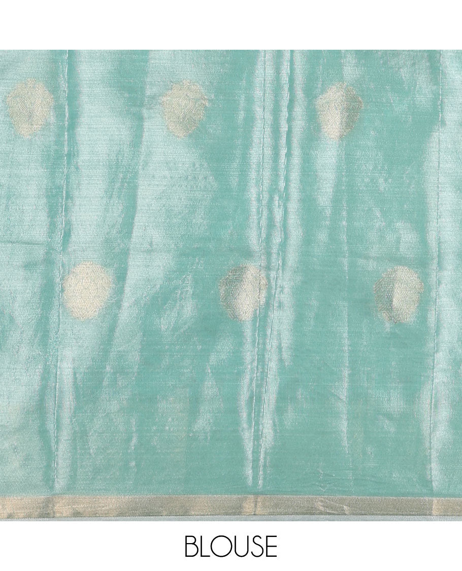 Sea green zari butta design banaras tissue silk saree with almond zari jacquard border & chit pallu along with running blouse