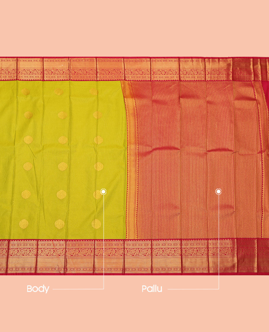 Light Green Budget Silk Saree, Spotlighted with Zari Buttas and Stripes, Complemented by a Contrast Traditional Zari Border, Pallu of Jaal Designs, and a Contrast Blouse
