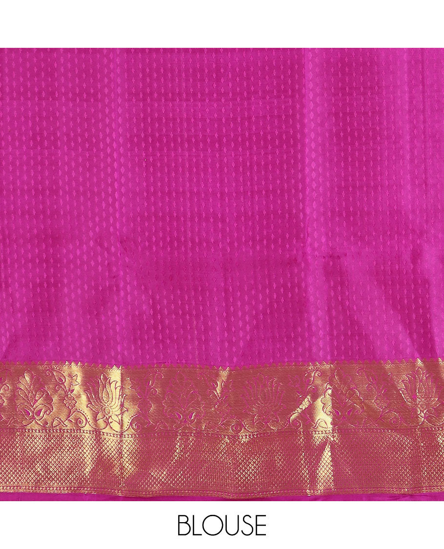 Mustard floral jacqaurd kancheepuram silk saree with contrast border of rekku, muthu, kuyil kann design & zari design pallu