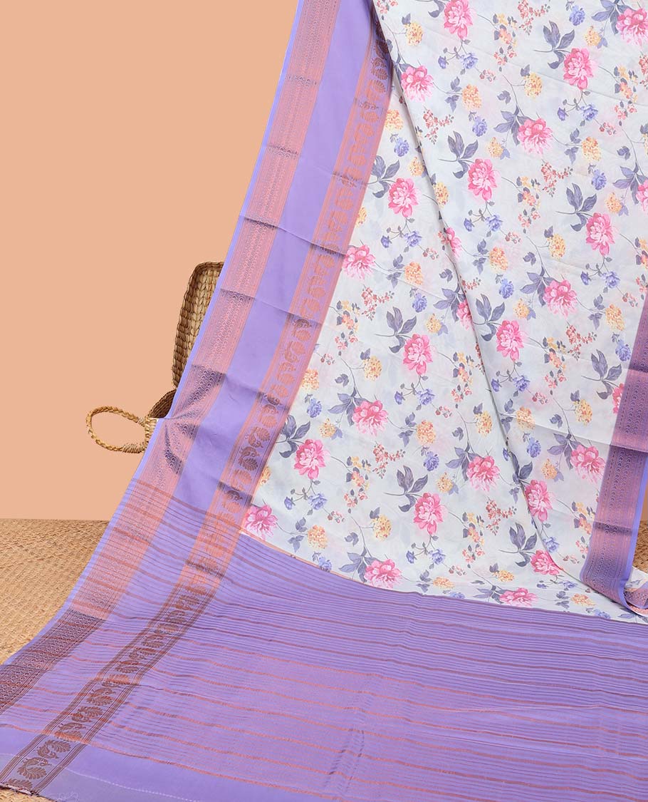 Blue floral printed semi-banaras printed saree, contrast traditional design border & striped pallu