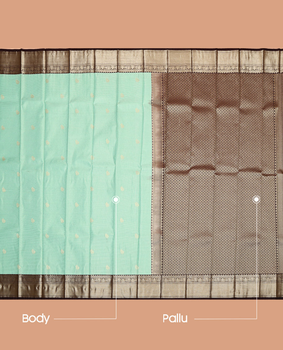 Turquoise Budget Silk Saree, Woven with Zari Buttas and Micro-Checks, Complemented by a Contrast Traditional Zari Design Border, Grand Pallu, and a Contrast Blouse