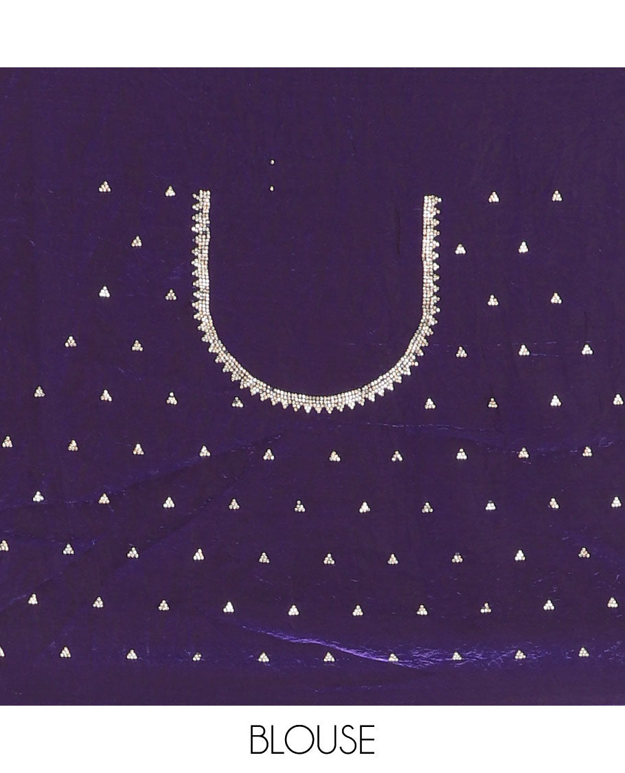 Violet micro-stone work fendy chiffon saree with paisley stone work on its shoulder, a scallop stone work border, a butterfly style pallu, and a matching stone work blouse