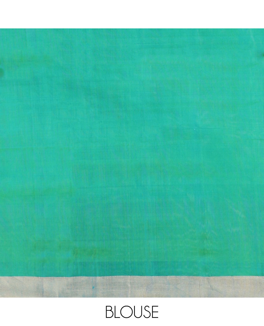 Green buttas soft silk saree with contrast floral border & ogee pattern pallu