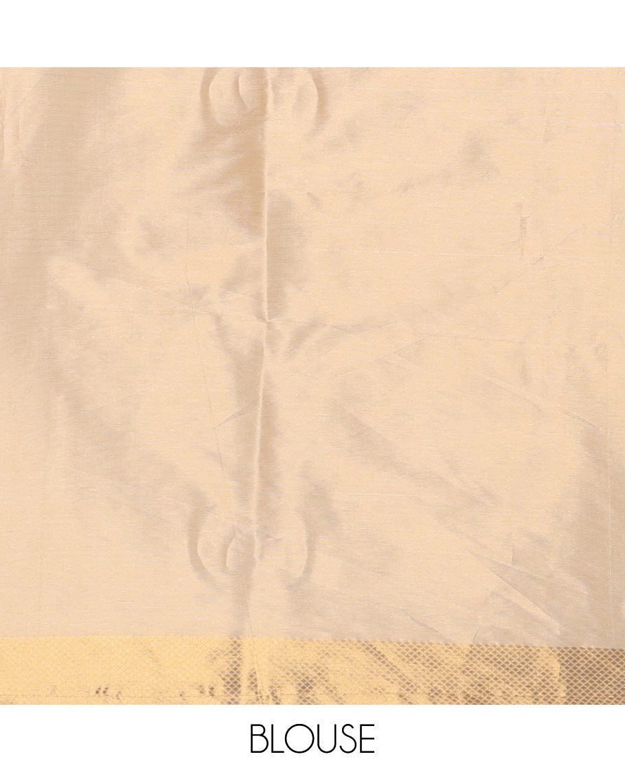 Cream small red polka dots banarasi tissue saree, zari border, pallu of red polka dots & running plain blouse