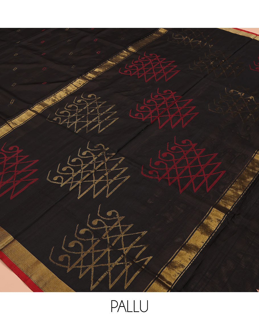 Black Uppada Silk Saree, Adorned with Buttas All Over Its Body, Complemented by a Contrast Bavanji Border, Pallu of Unique Designs, and Paired with a Matching Blouse