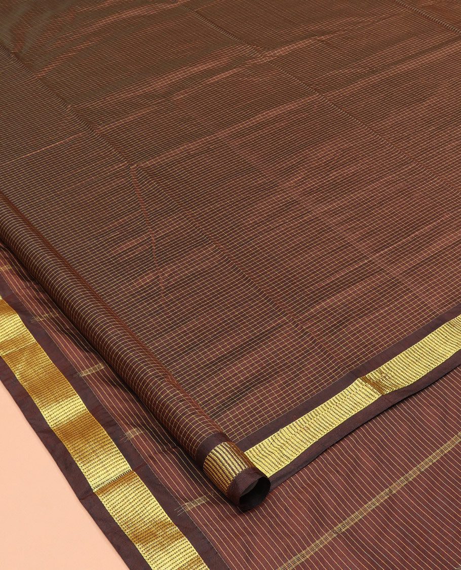 Brown Checked Ten Yard Saree, a Zari Border, Striped Pallu, and No Blouse