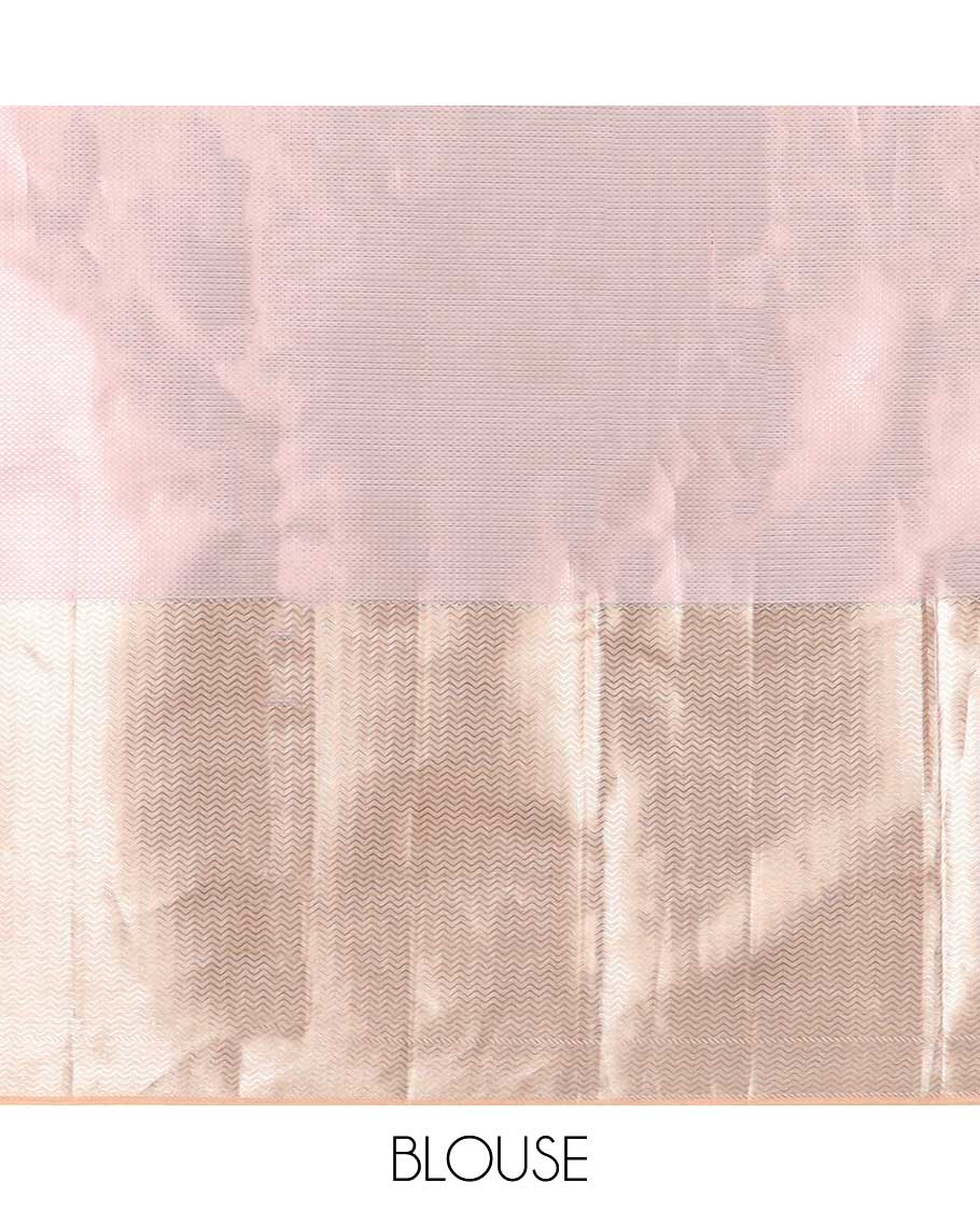 Baby pink striped kancheepuram tissue silk saree with contrast vanki design border & floral design pallu