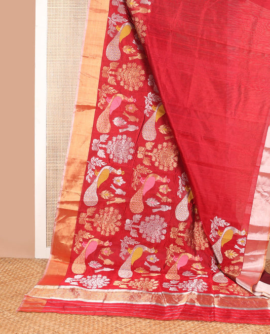 Red floral, peacock design chanderi cotton saree with contrast border & striped pallu