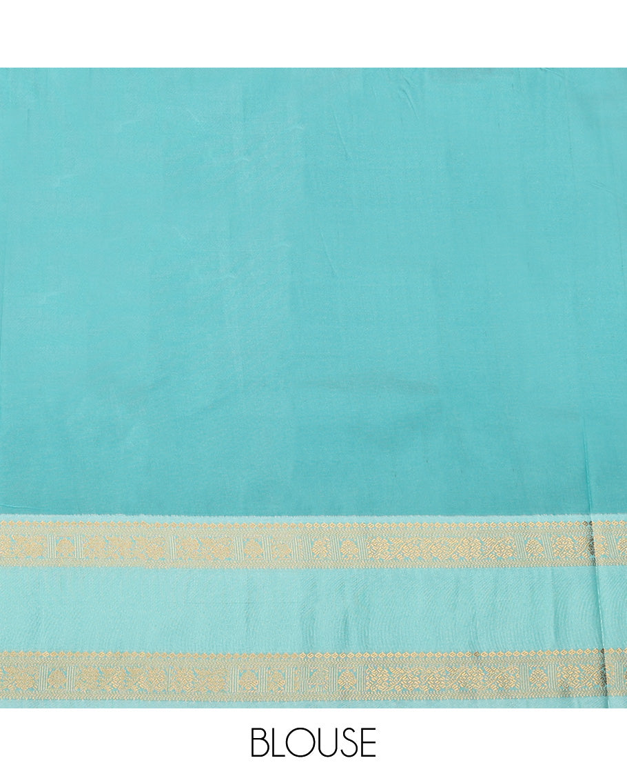 Violet Budget Silk Saree, Finely Crafted with Temple Zari Buttas All Over Its Body, Complemented by a Contrast Traditional Zari Design Rettai Pettu Border, Grand Jaal Pallu, and Paired with a Contrast Blouse