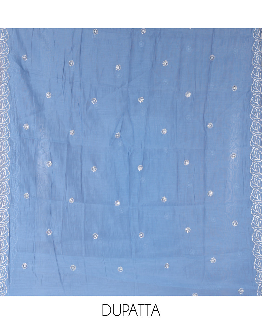 Cream and Blue Mul Chanderi Material Chudidar Set, Delicately Designed with Floral Embroidery On Its Top, A Plain Santoon Bottom, and Comes with a Contrast Scallop Floral Embroidered Dupatta
