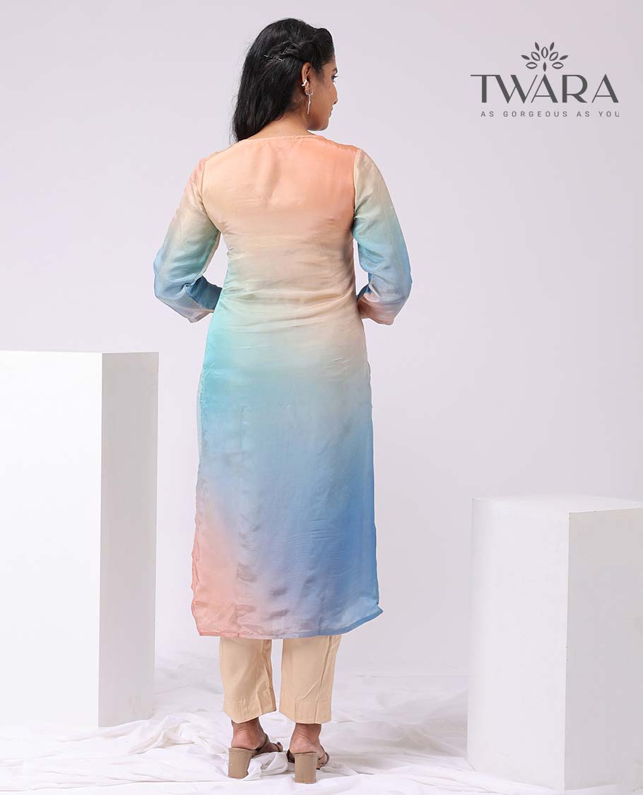 Twara multi-color floral embroidery v neck, 3/4th sleeve, below knee lenght kurti with straight pants & floral printed dupatta