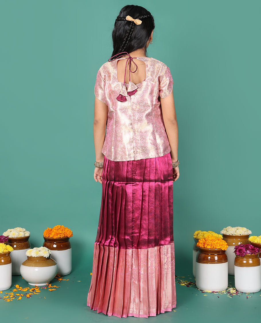 Wine readymade art silk pavadai, contrast traditional zari border skirt & jacquard round neck half-sleeve blouse