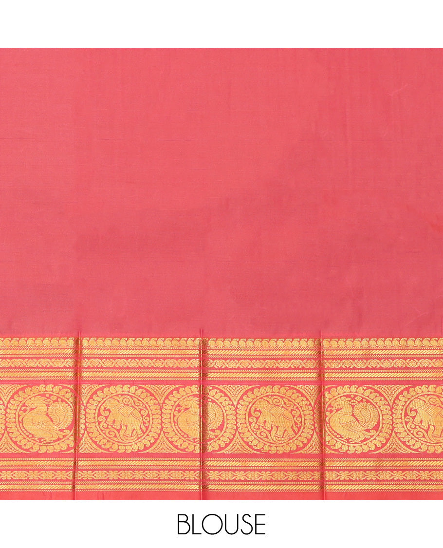Green Budget Silk Saree, Bedecked with Zari Buttas, Complemented by Contrast Traditional Zari Border, a Jaal Pallu and a Contrast Blouse