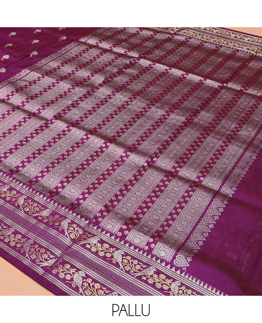 Purple Venkatagiri Silk Saree, Decorated with Zari Buttas on Its Body, Highlighted by a Traditional Zari Border of Floral-Sparrow Designs, Pallu Steeped with Traditional Designs, and Paired with a Matching Blouse