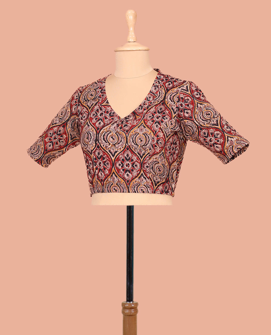 Multi-Color Cotton Readymade Blouse Beautified with All-Over Ogee Patterns Print, Front V-Neck, Back Closed Neck, and Elbow Sleeves