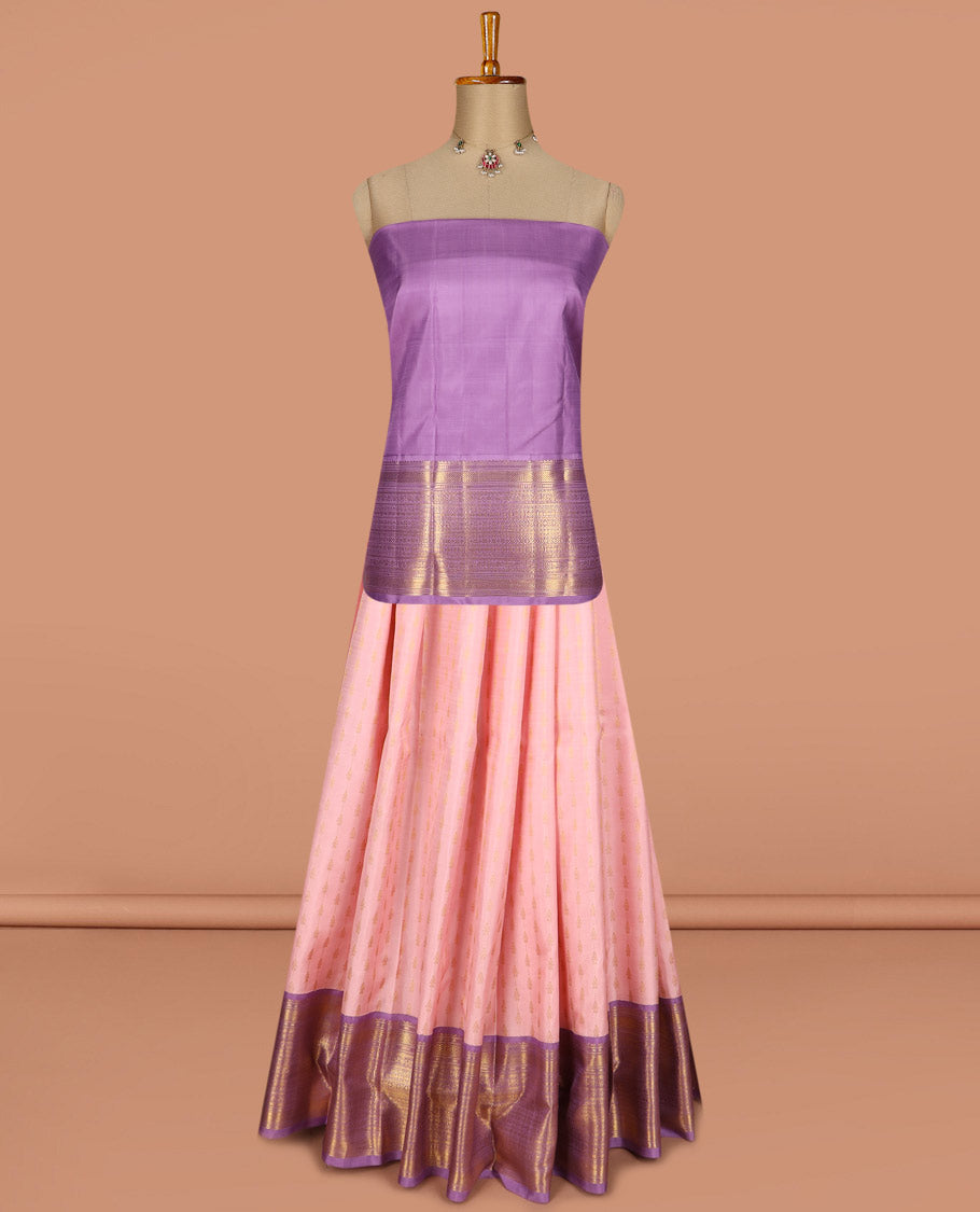 Peach puresilk halfsaree, zari buttas skirt, contrast border, blouse of rekku,banaras,muthu,mayil kann,rettai neli,poun,kathir,rudraksham, and kodi visiry, and zari woven dhavani