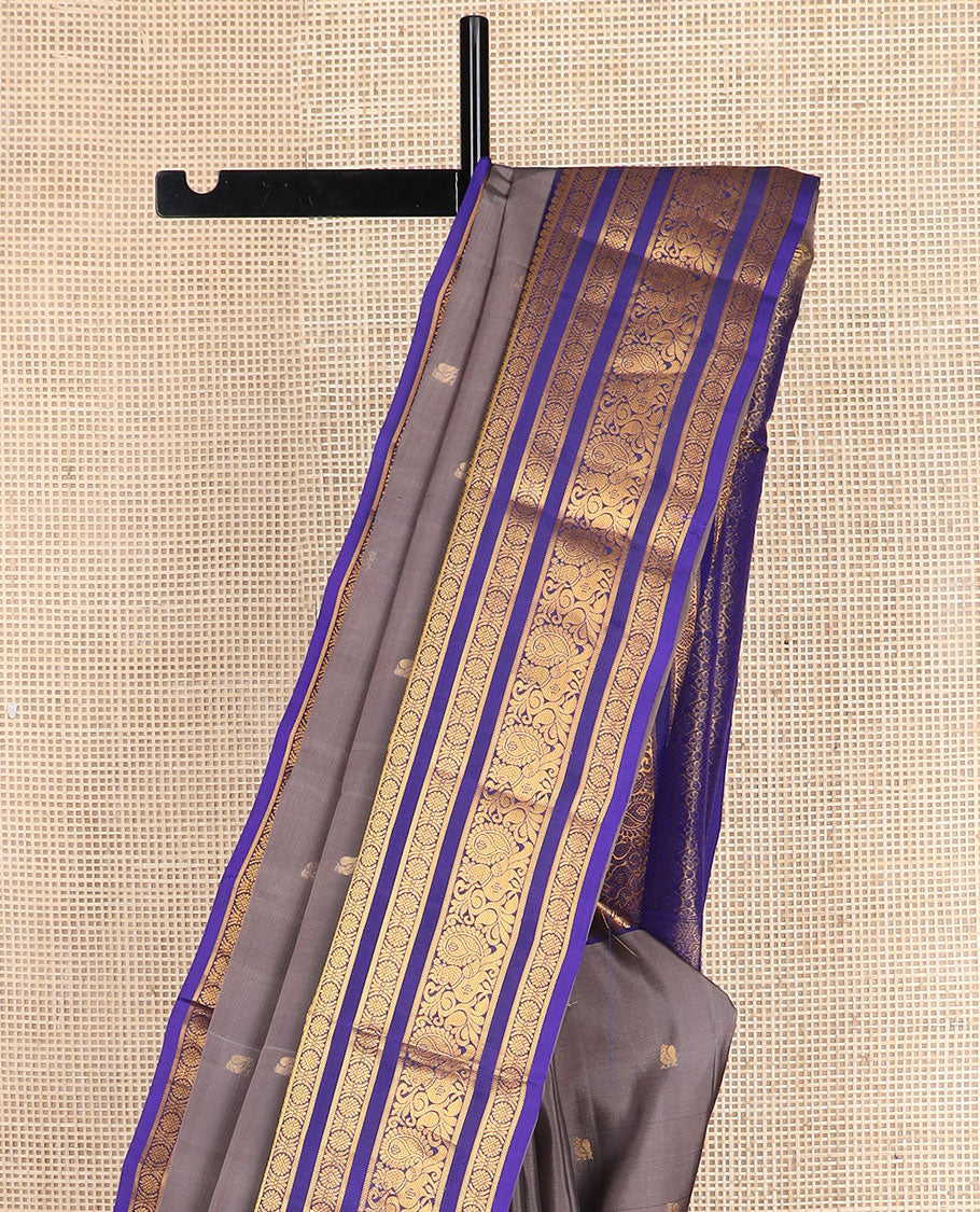 Grey mayil zari buttas vasundhara silk mix saree, contrast jaal pallu & border of laddu kamalam,banaras & mayil designs