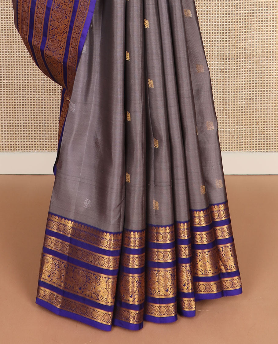 Grey mayil zari buttas vasundhara silk mix saree, contrast jaal pallu & border of laddu kamalam,banaras & mayil designs