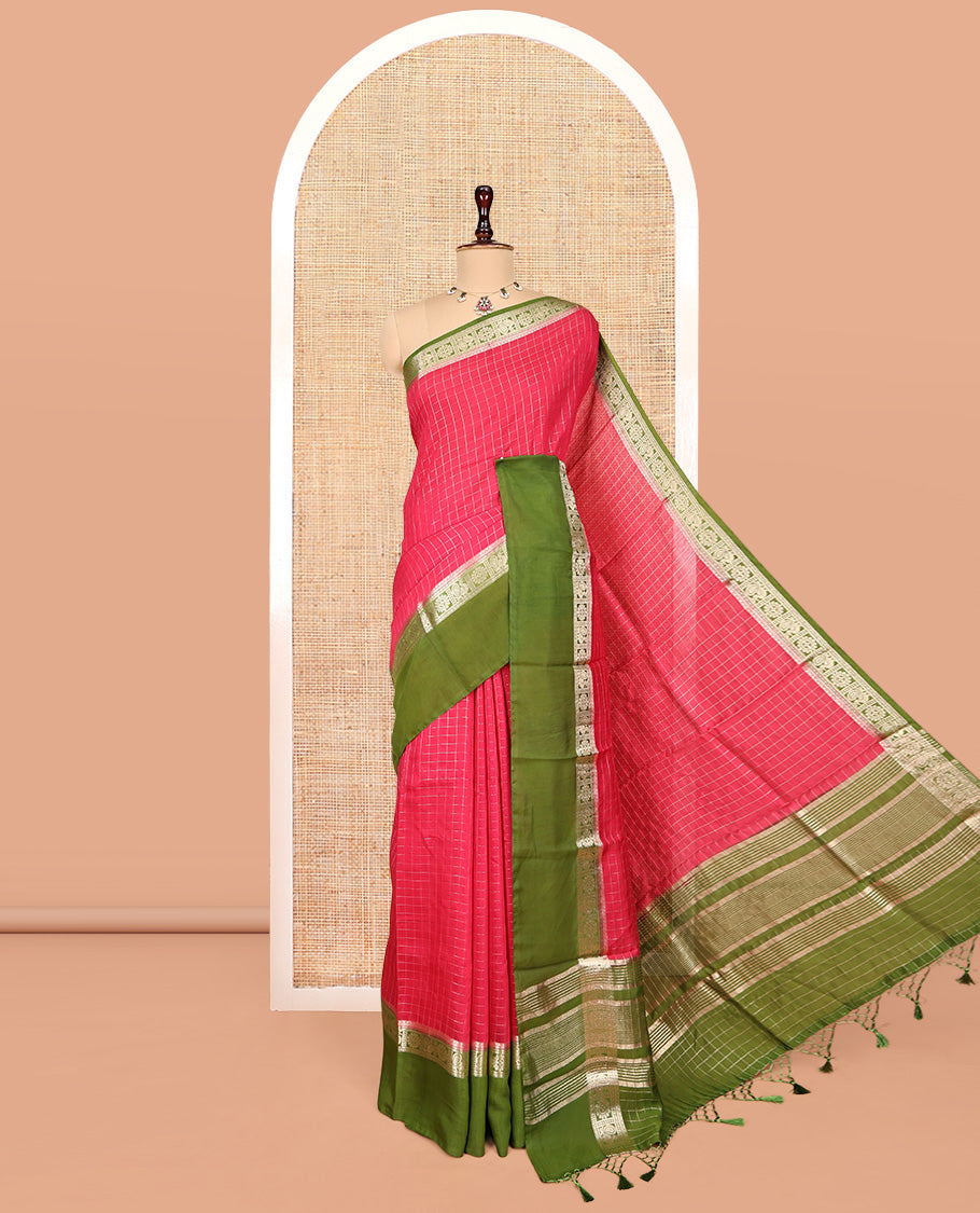 Pink Zari Checked Assam Silk Saree, Complemented by a Contrast Traditional Zari-Woven Border, Zari-Striped Pallu, and a Contrast Blouse