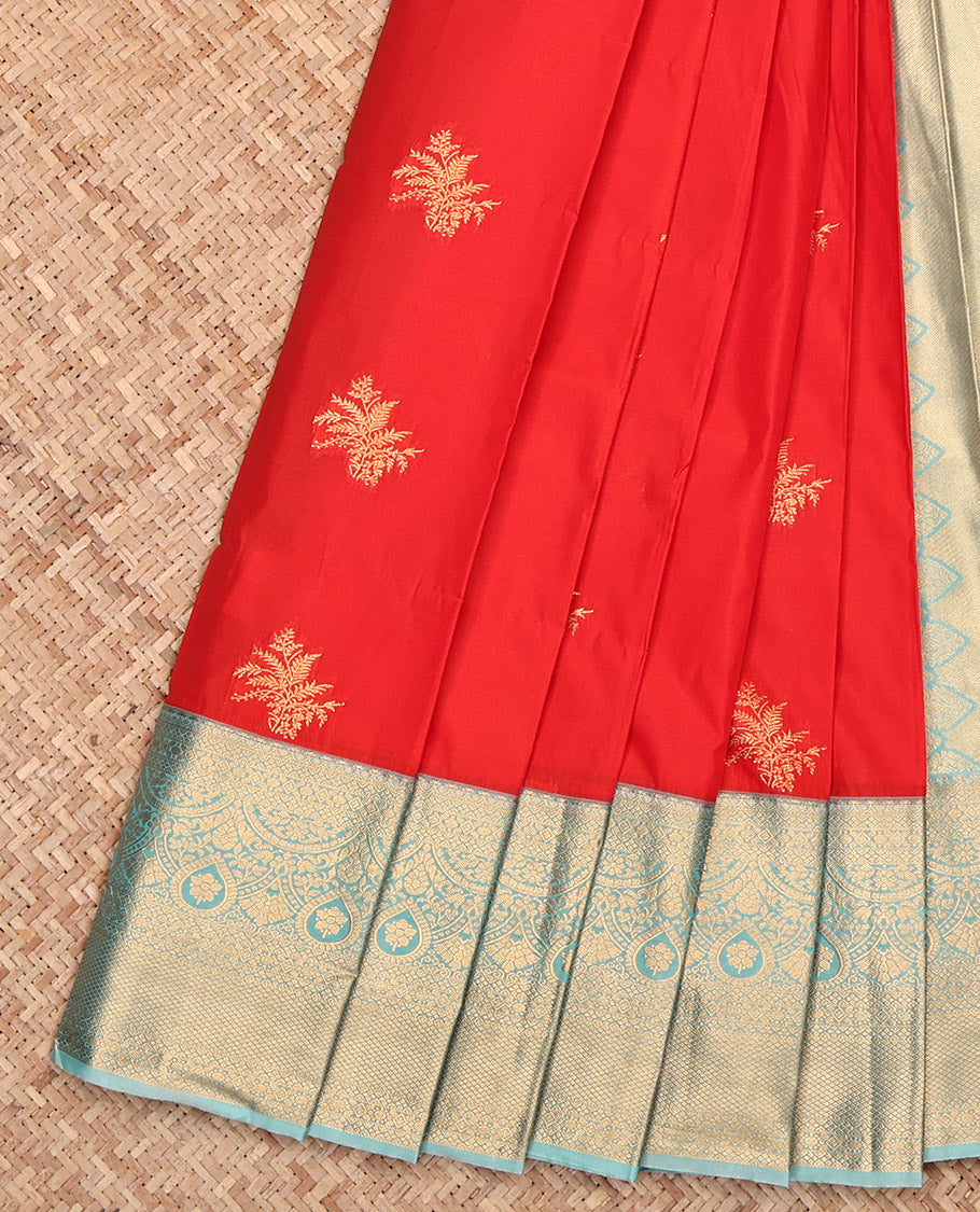 Orange Budget Silk Saree, Gleamed Up with Zari Buttas, Complemented by a Contrast Traditional Border, Grand Pallu, and a Contrast Blouse