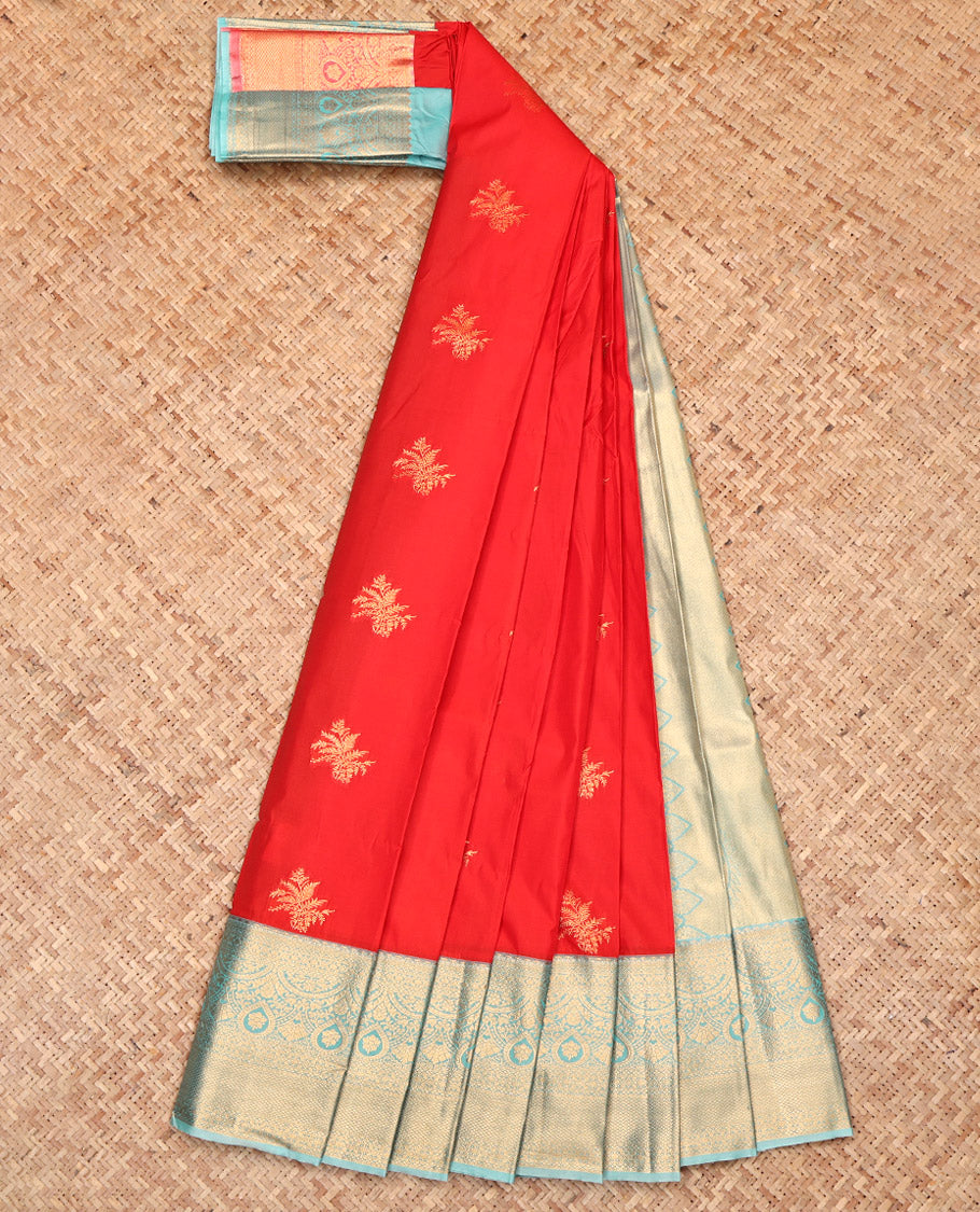 Orange Budget Silk Saree, Gleamed Up with Zari Buttas, Complemented by a Contrast Traditional Border, Grand Pallu, and a Contrast Blouse