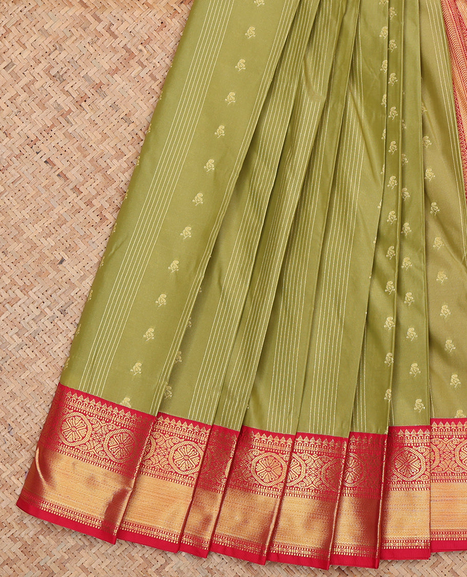 Green Budget Silk Saree, Elevated with Zari Buttas and Stripes, Complemented by a Contrast Traditional Zari Border, Grand Jaal Pallu, and Contrast Blouse