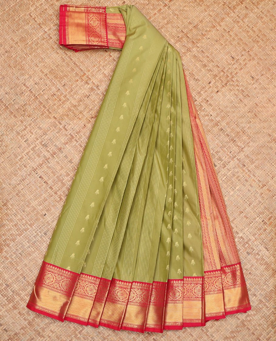 Green Budget Silk Saree, Elevated with Zari Buttas and Stripes, Complemented by a Contrast Traditional Zari Border, Grand Jaal Pallu, and Contrast Blouse