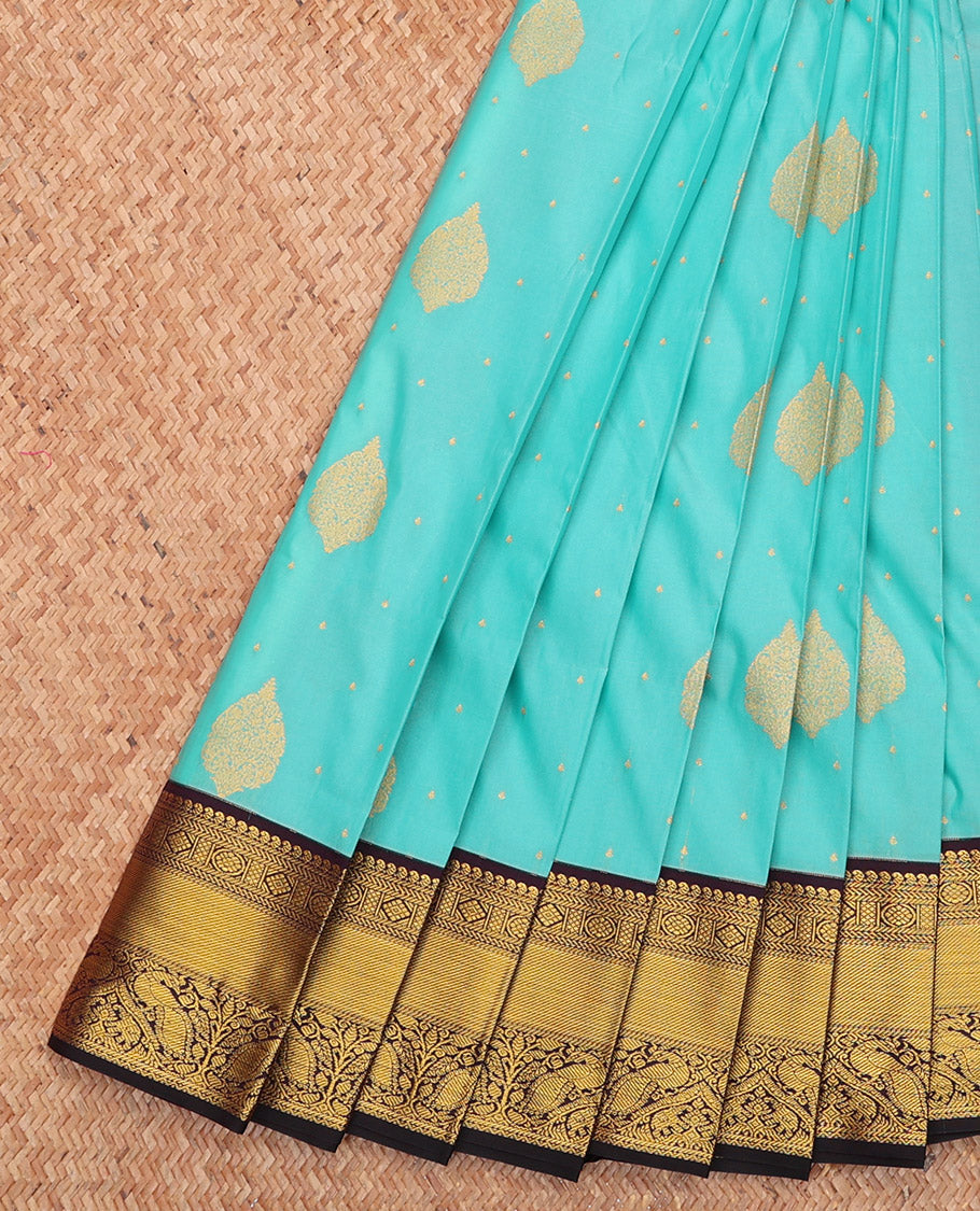 Turquoise Budget Silk Saree, Elevated with Zari Buttas, Complemented by a Contrast Traditional Border, Grand Pallu, and a Contrast Blouse