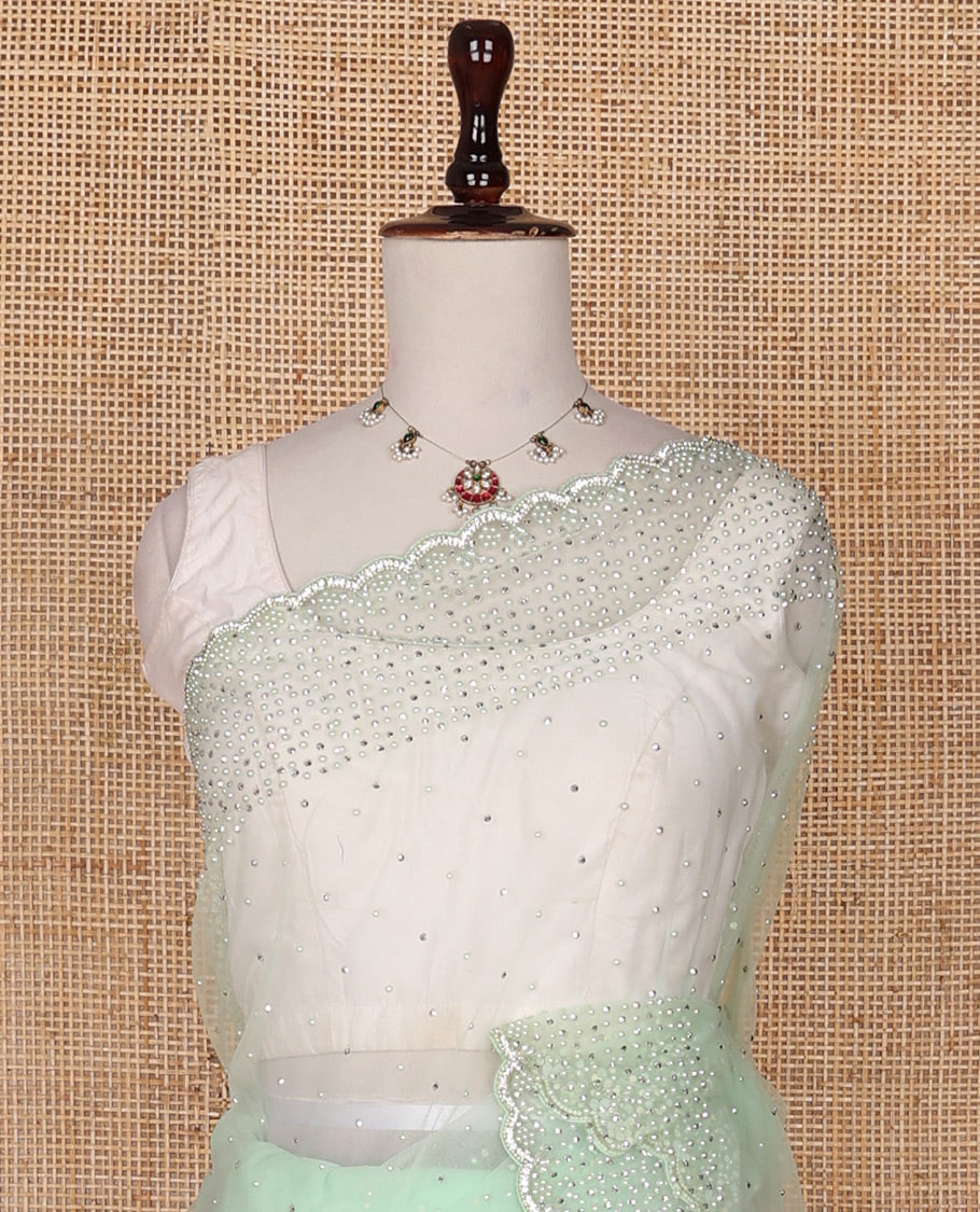 Pista green crystal stone & pearl beads embroidered designer saree with scallop embroidered border