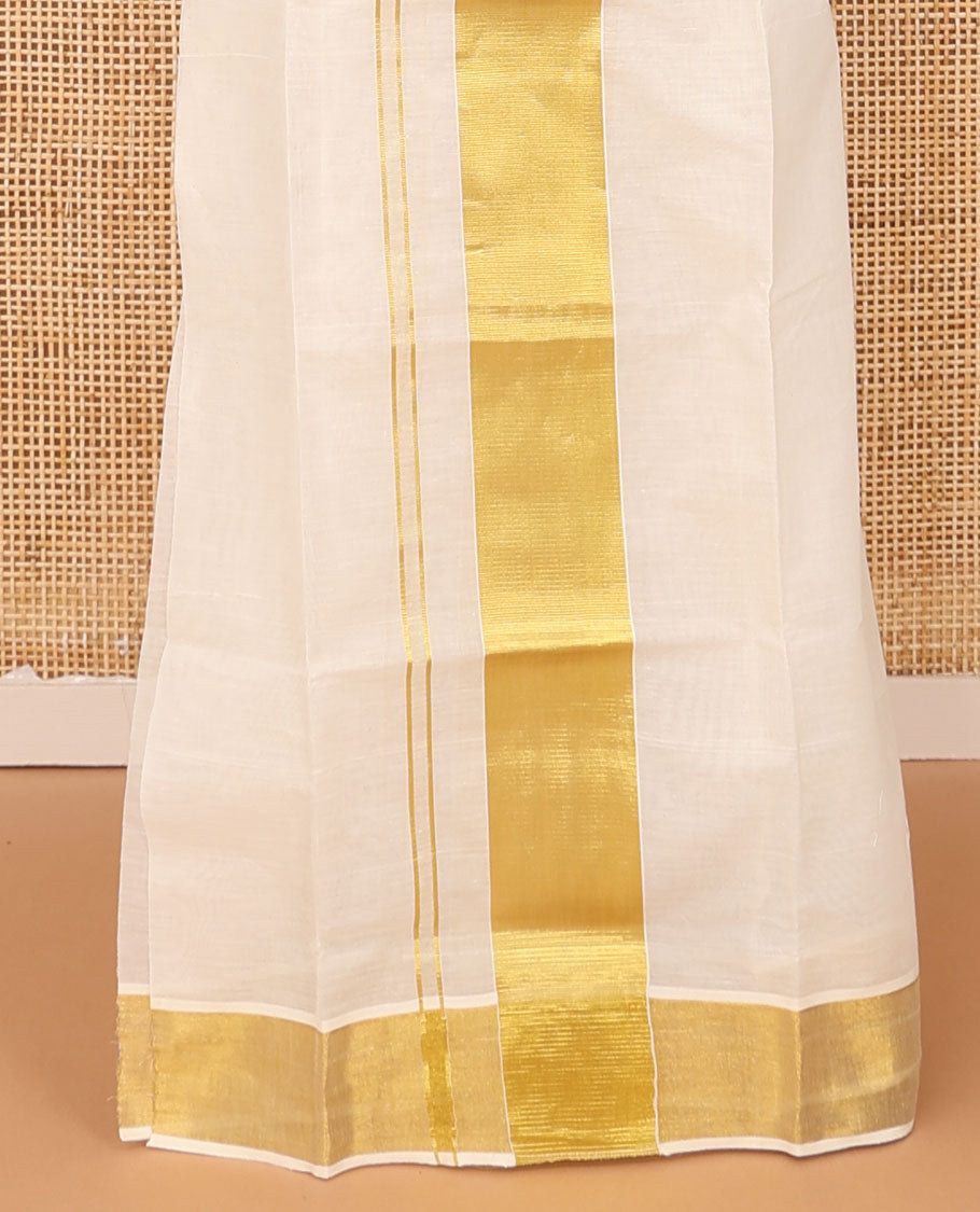 Cream plain design Kerala mundu set with zari bavanji border