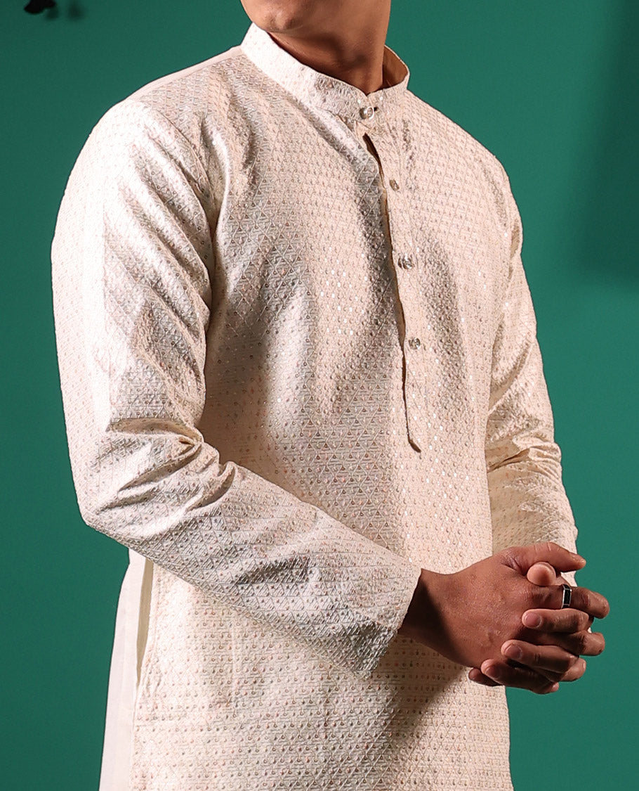 Cream thread and sequins embroidered jaal patterned full-sleeved men's kurta set