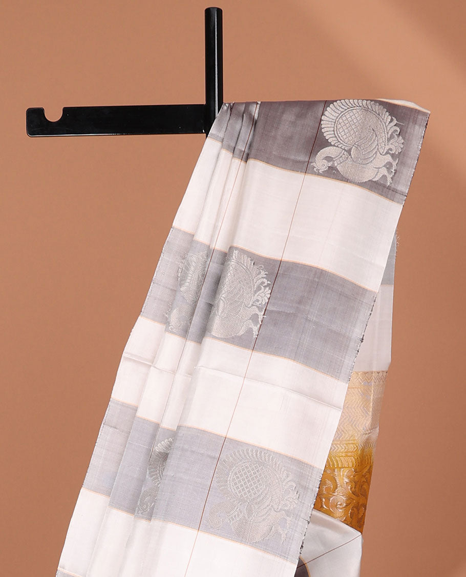 Borderless multi-color checked,peacock buttas soft silk saree with floral vine zari design pallu