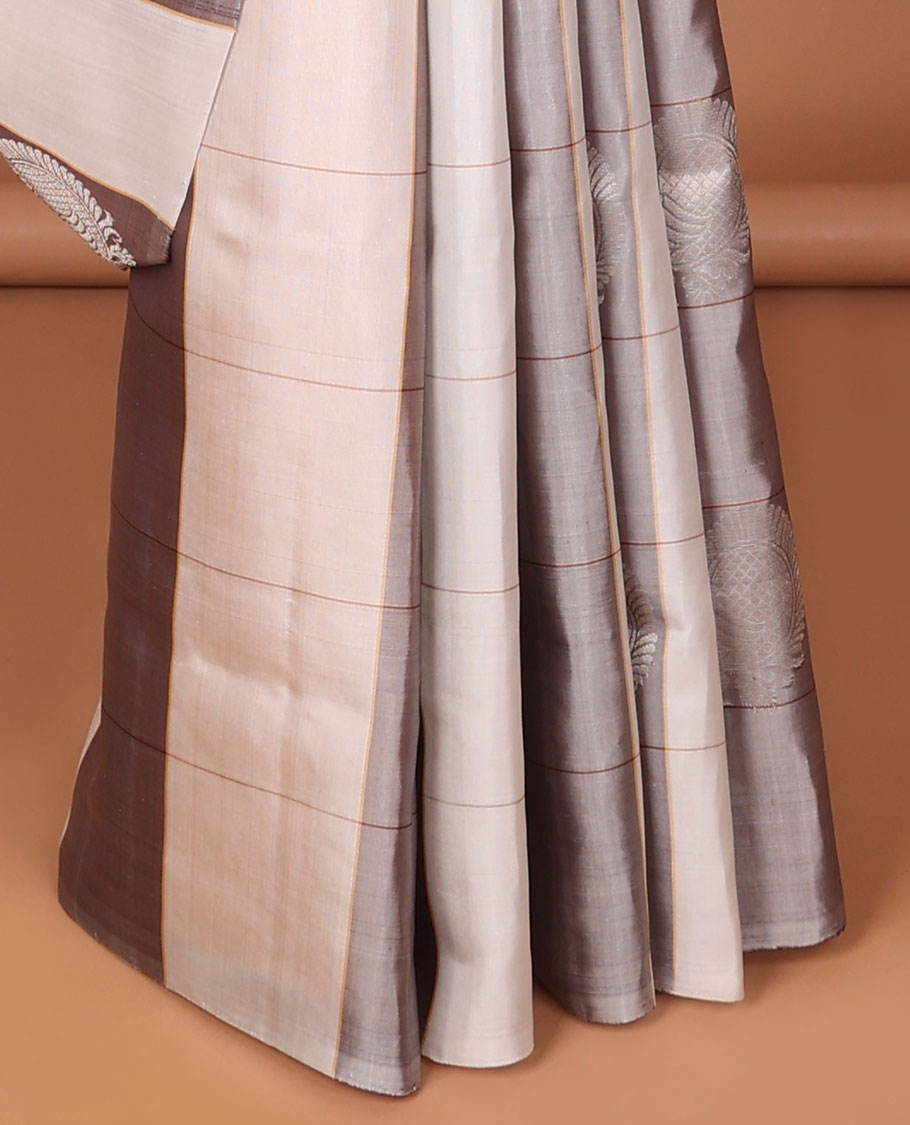 Borderless multi-color checked,peacock buttas soft silk saree with floral vine zari design pallu