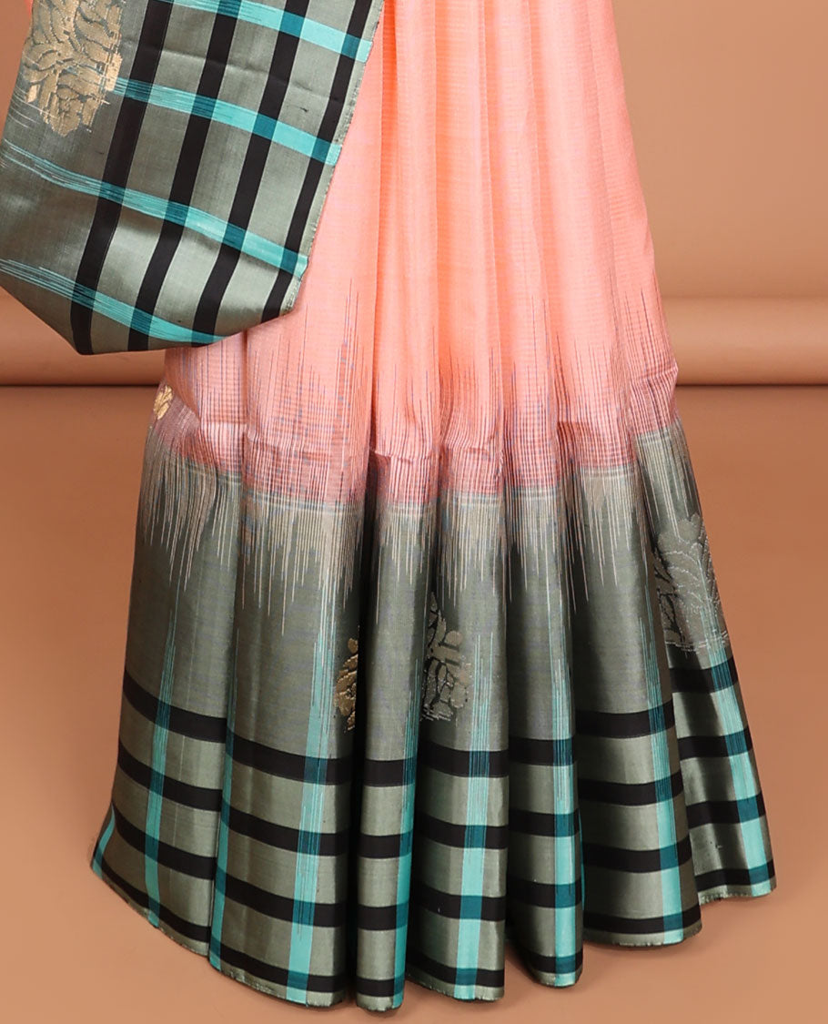 Pink floral buttas soft silk saree with contrast checked border & floral zari design