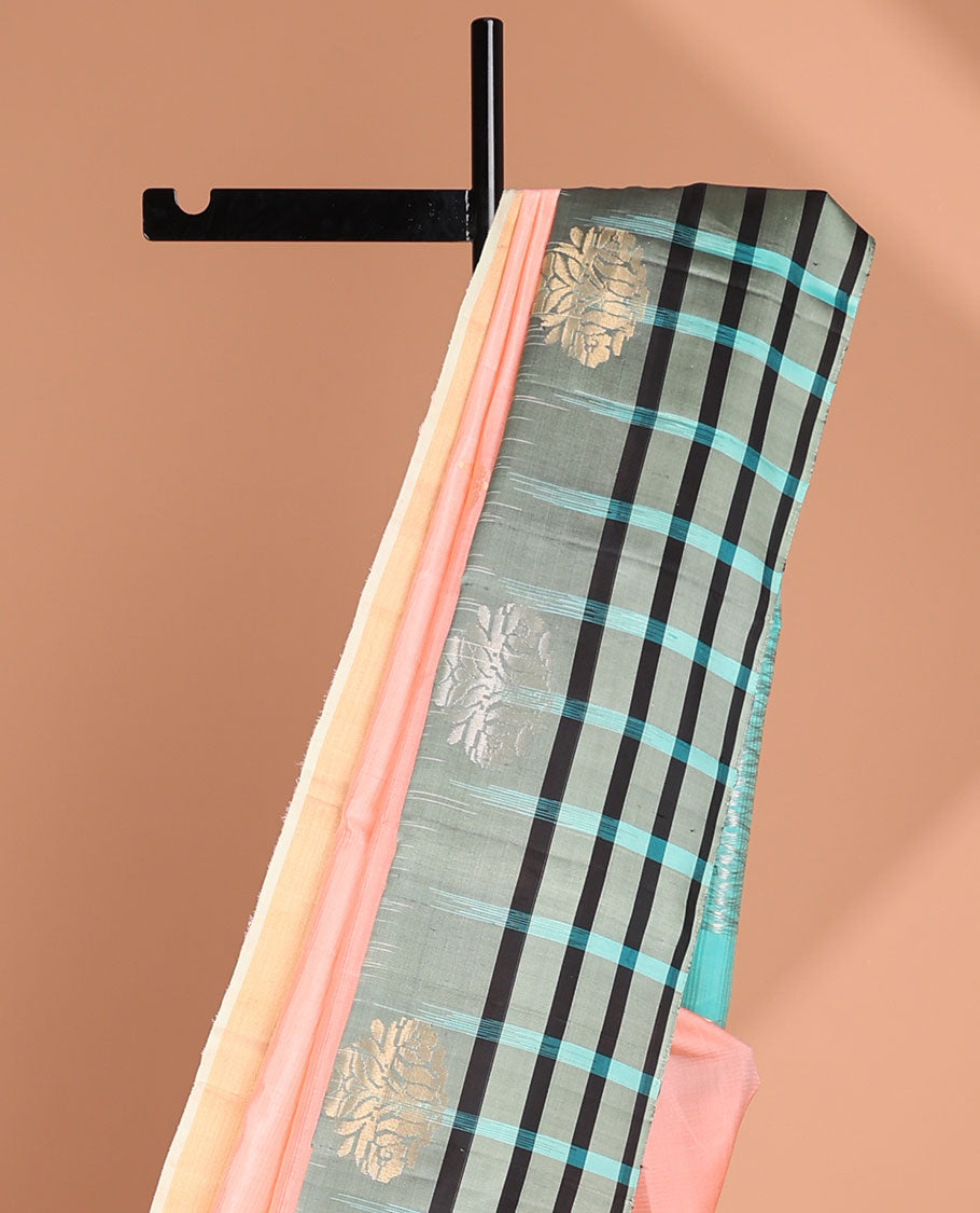 Pink floral buttas soft silk saree with contrast checked border & floral zari design
