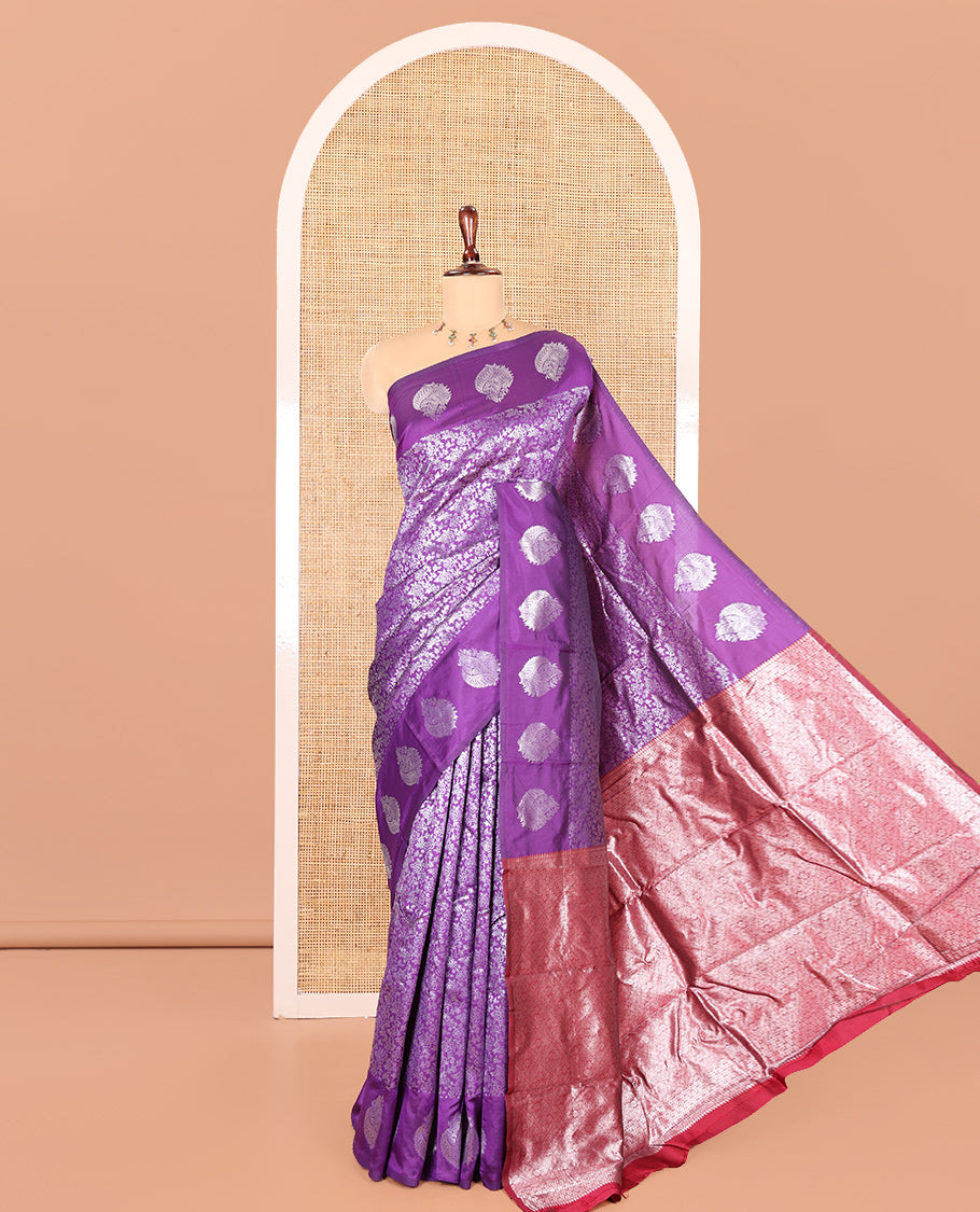 Violet Art Kanchi Silk Saree Features Jacquard Design, a Zari-Motif Border, Contrast Intricate Pallu, and a Contrast Blouse