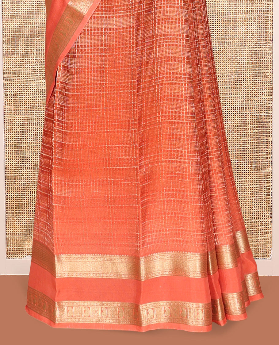 Orange Checked Mysore Silk Saree, Highlighted by a Traditional Zari Border, Grand Pallu, and a Matching Blouse
