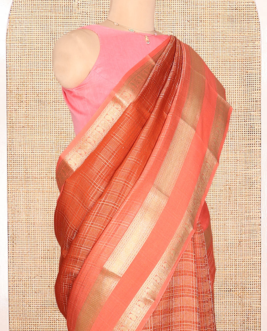 Orange Checked Mysore Silk Saree, Highlighted by a Traditional Zari Border, Grand Pallu, and a Matching Blouse