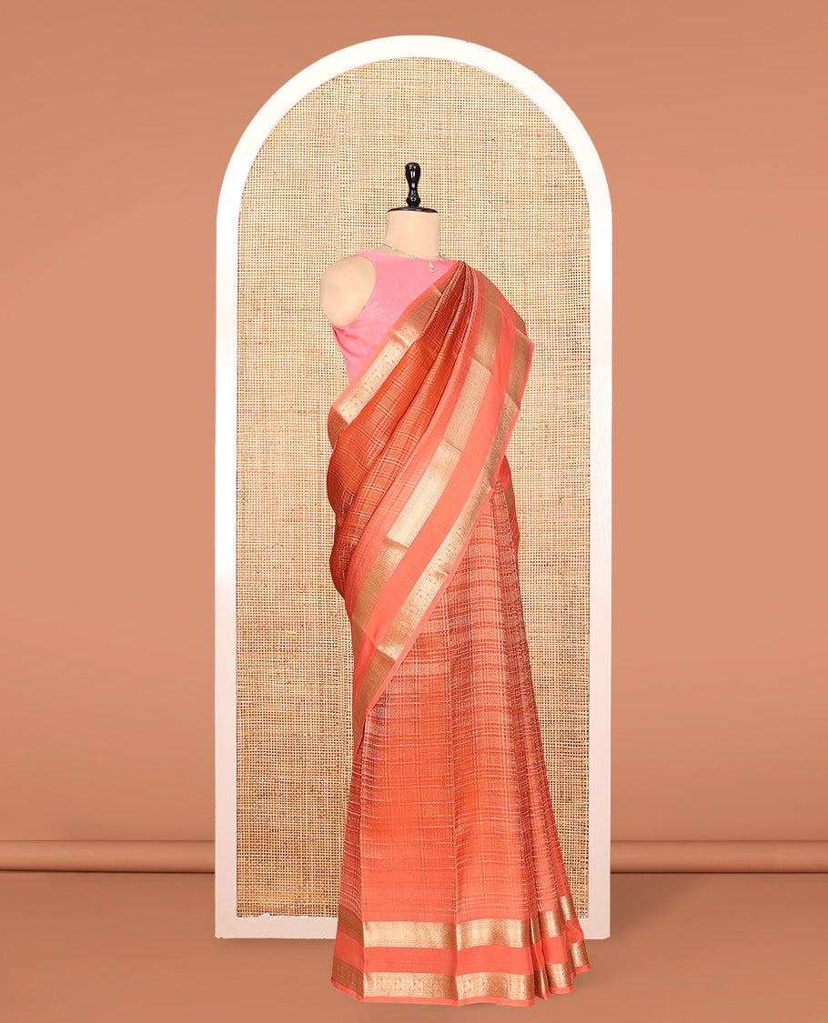 Orange Checked Mysore Silk Saree, Highlighted by a Traditional Zari Border, Grand Pallu, and a Matching Blouse