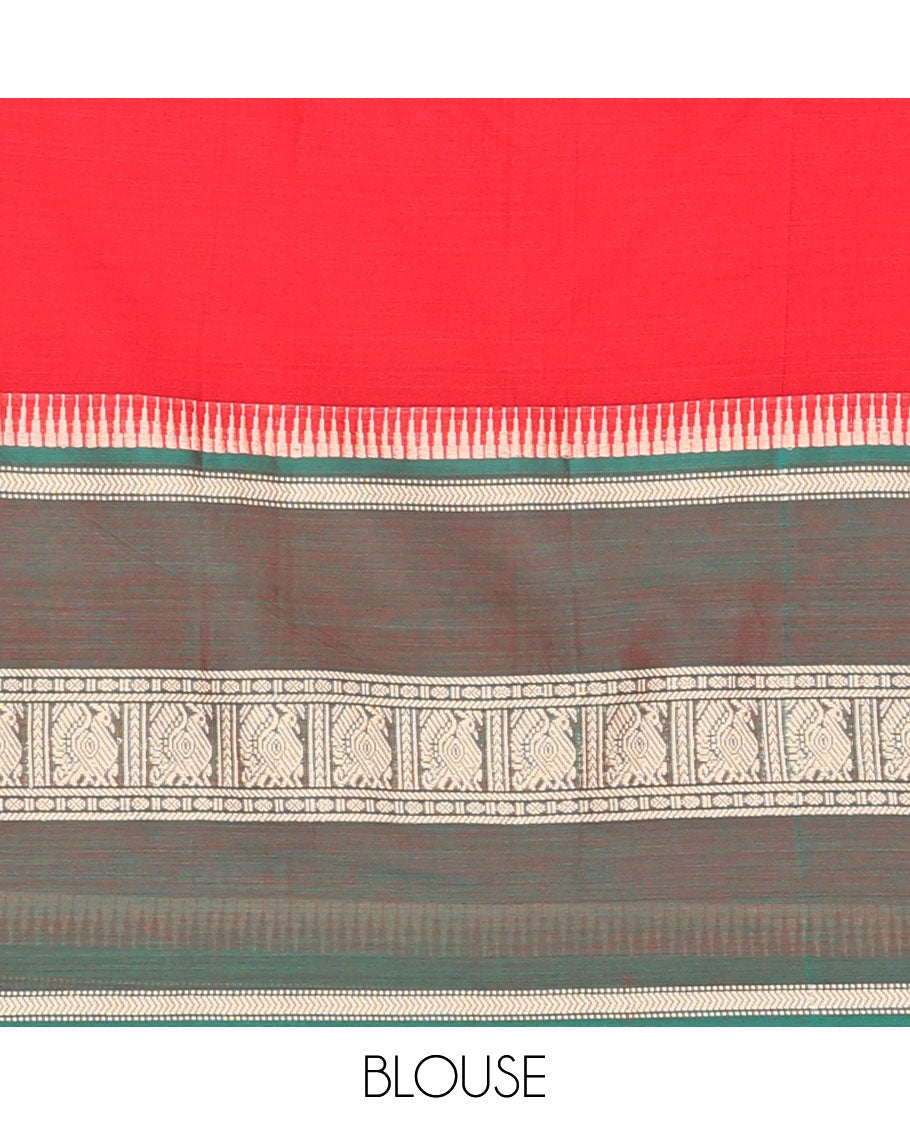 Red cotton half saree with contrast peacock design border, peacock design blouse & temple border dhavani