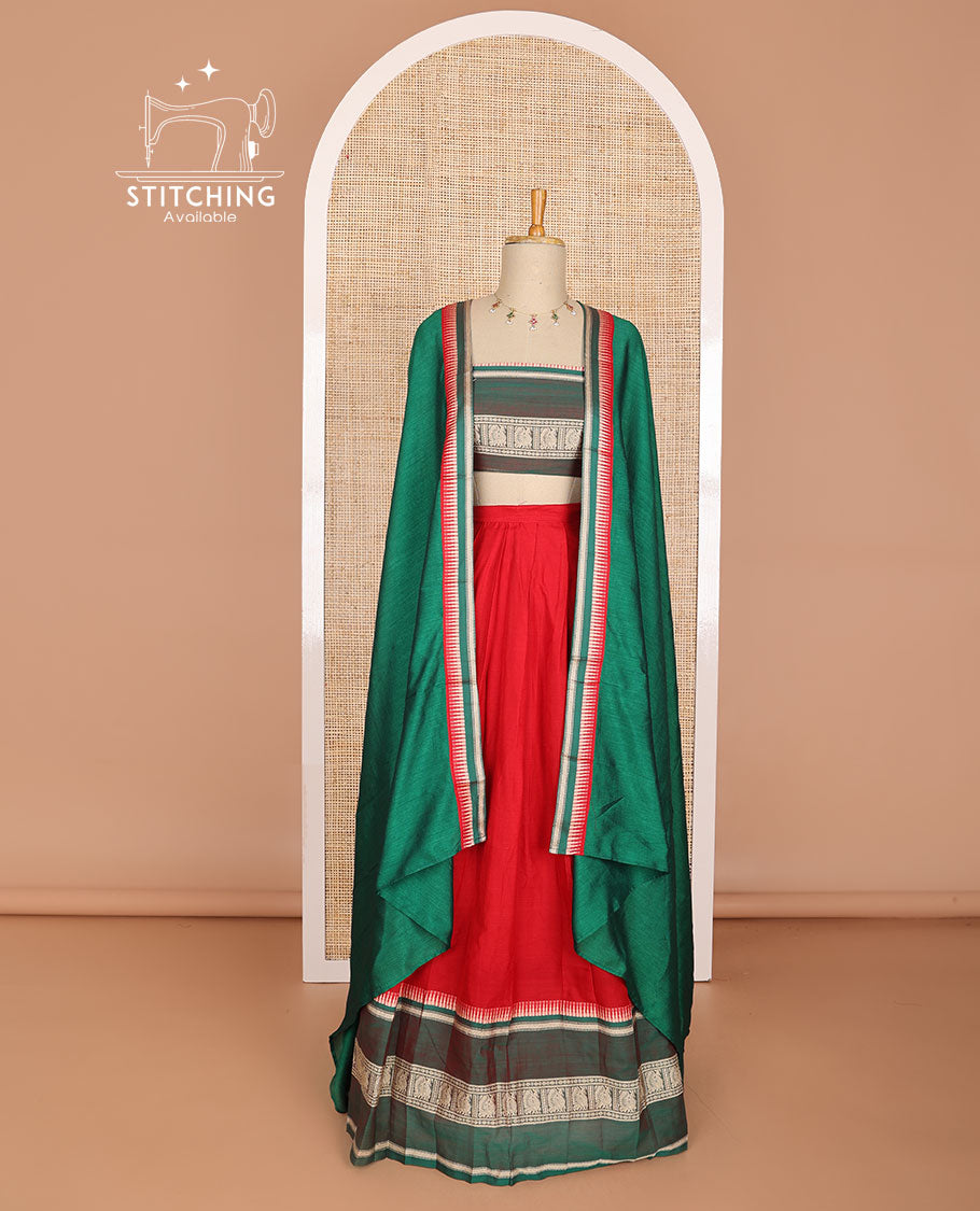 Red cotton half saree with contrast peacock design border, peacock design blouse & temple border dhavani