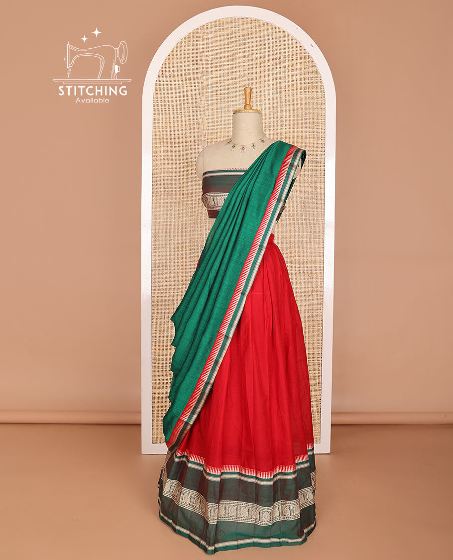 Red cotton half saree with contrast peacock design border, peacock design blouse & temple border dhavani